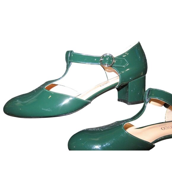 SOLD MODENCOCO Round Toe Green Patent Leather Buckle T Strap Chunky Heel 13 - Picture 4 of 10